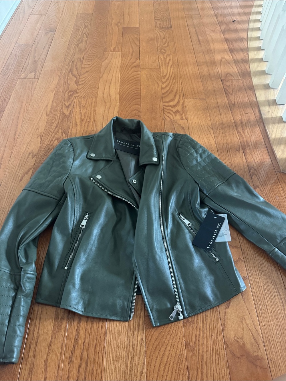 Leather Moto Jacket in Olive Green New With Tags